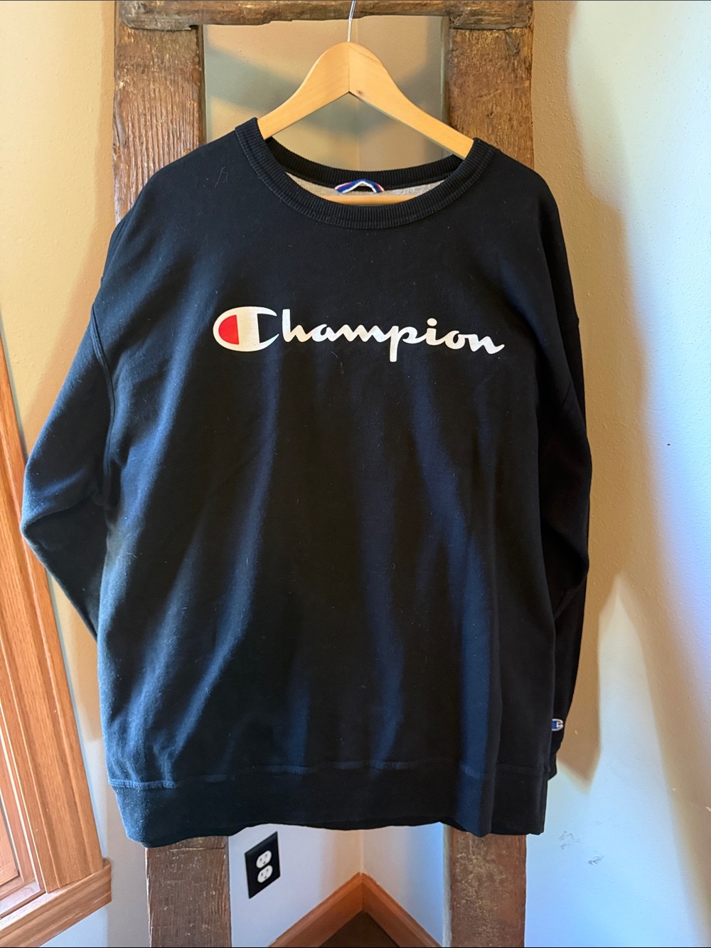 Champion Black Crewneck with White Script and Red Logo Accent XXL